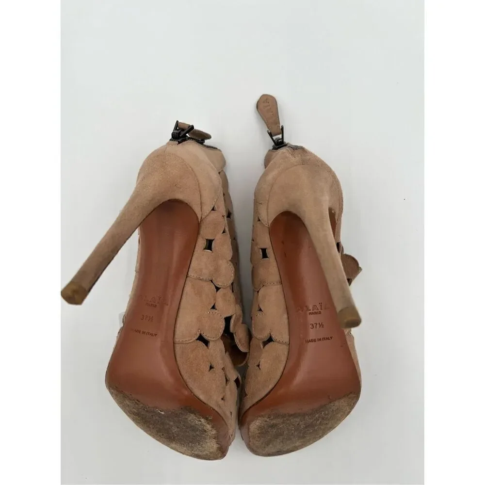 Alaia Paris Laser Cut Suede Booties Sandals Heels Nude Made in Italy 37.5